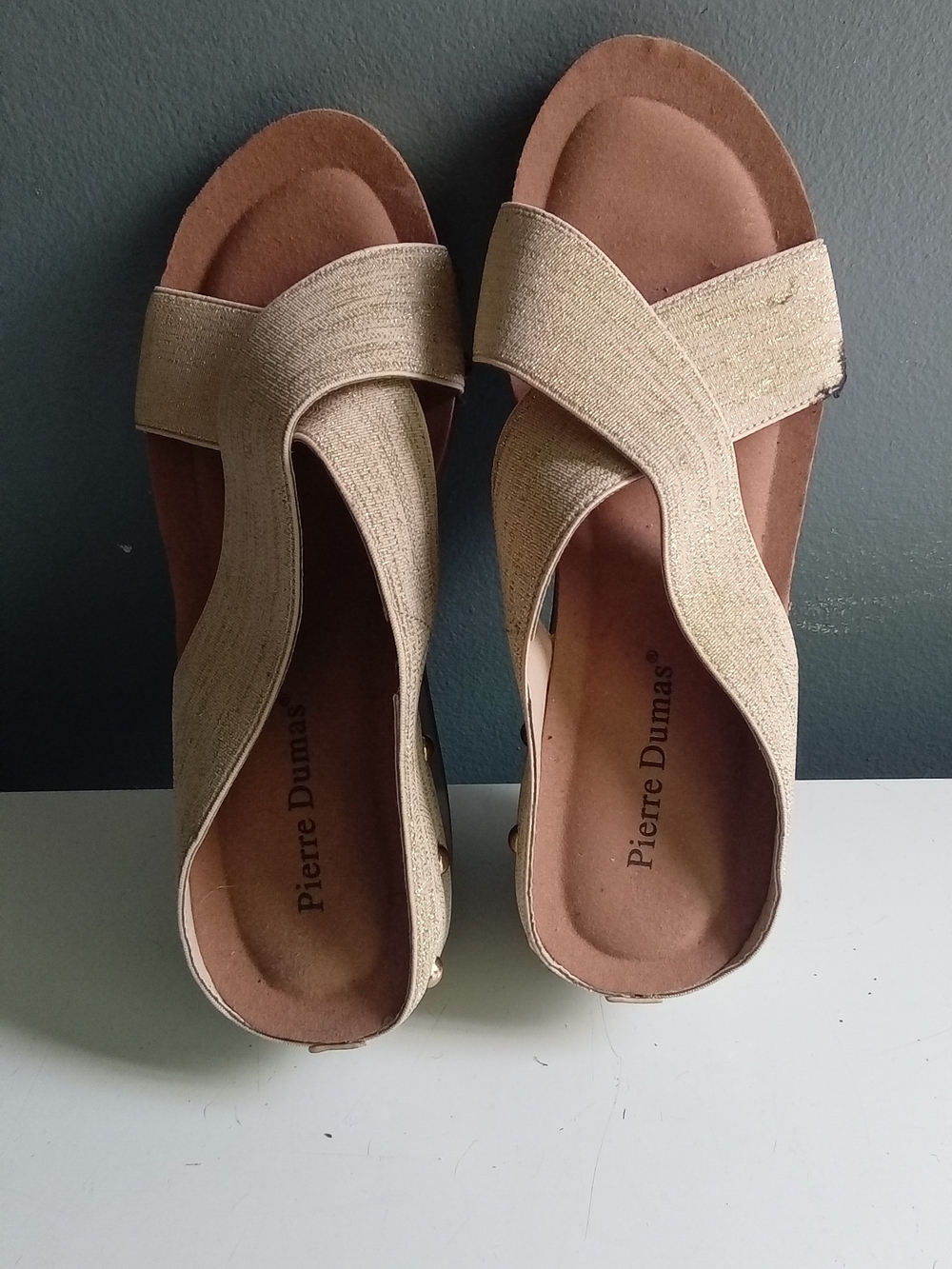 Pierre Dumas Women Champagne Gold Crisscross Studded Cork Platform Wedge Sandals